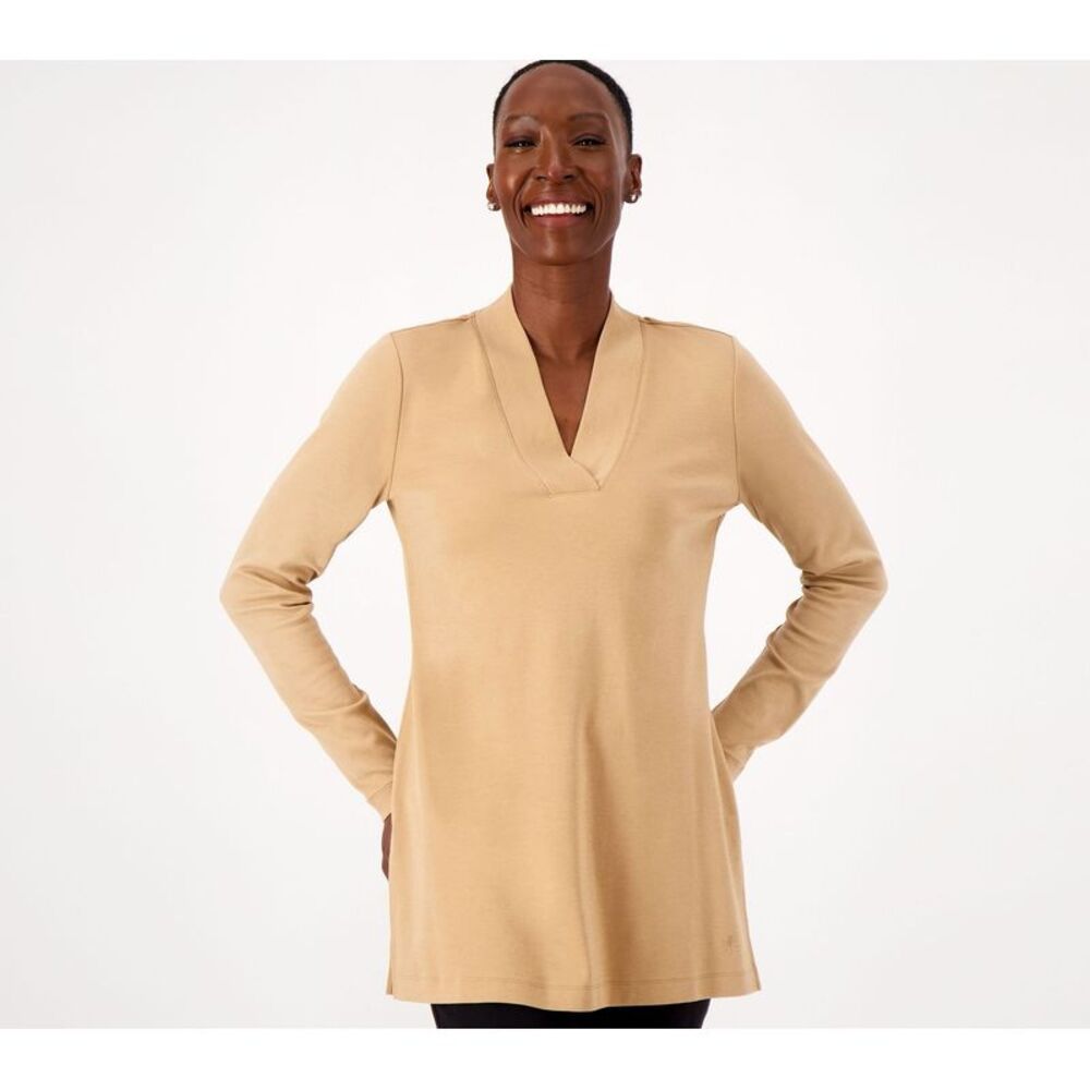 Isaac Mizrahi Live! Women's Top Petite 5XP Essentials Pima Wide Brown A462890